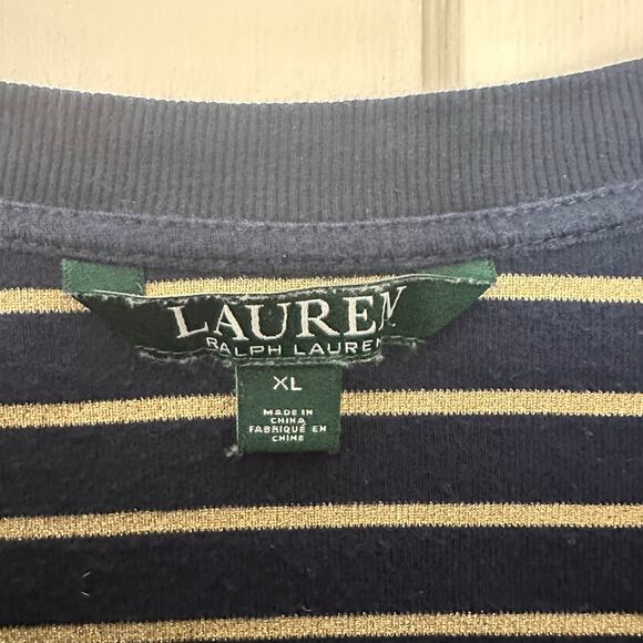 Lauren Ralph Lauren Knit Top Women's XL Navy Blue Striped Gold Boatneck Pullover - Picture 2 of 5